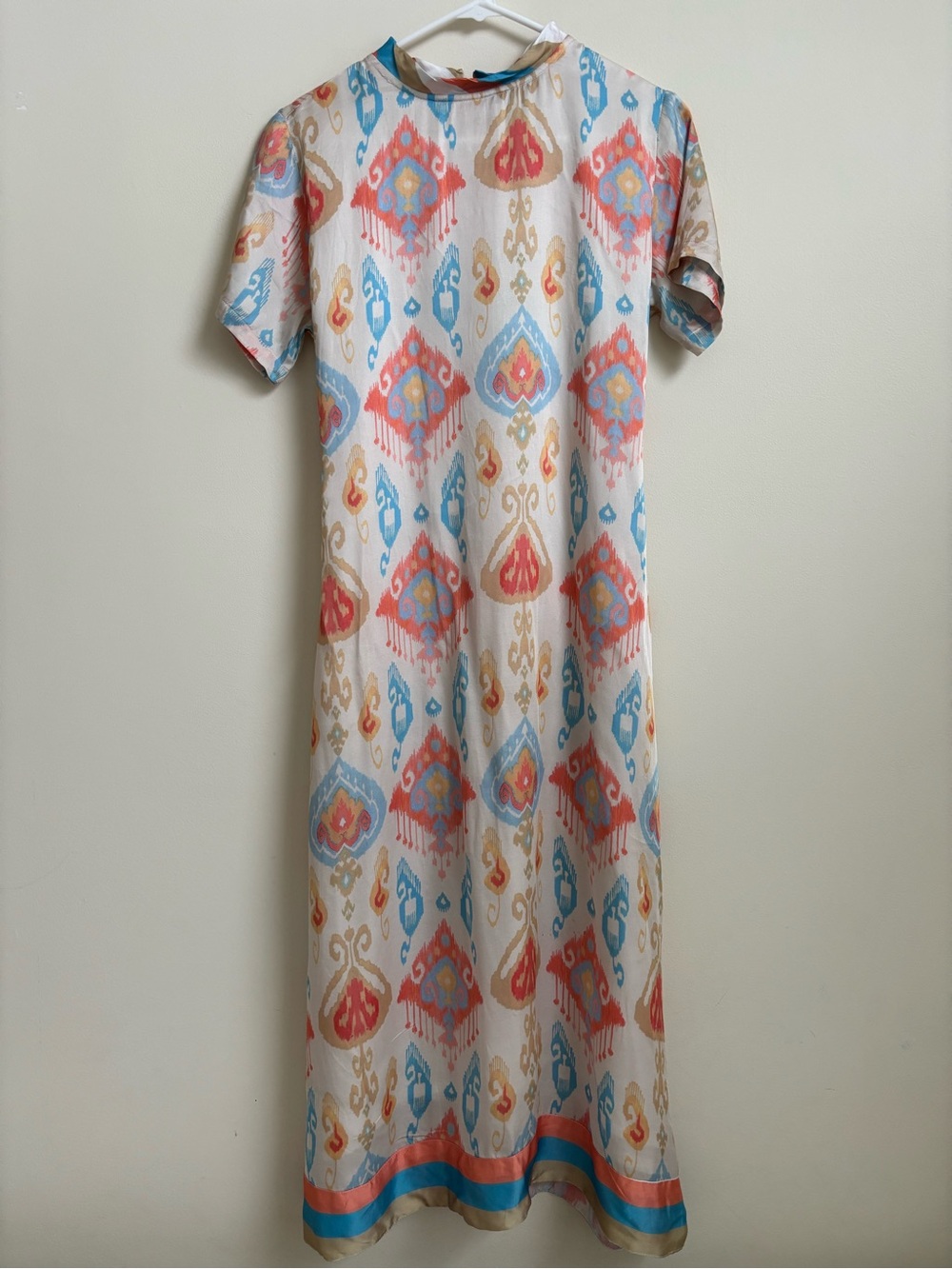 Cream Ikat Print Maxi Dress with Coral & Turquoise Accents